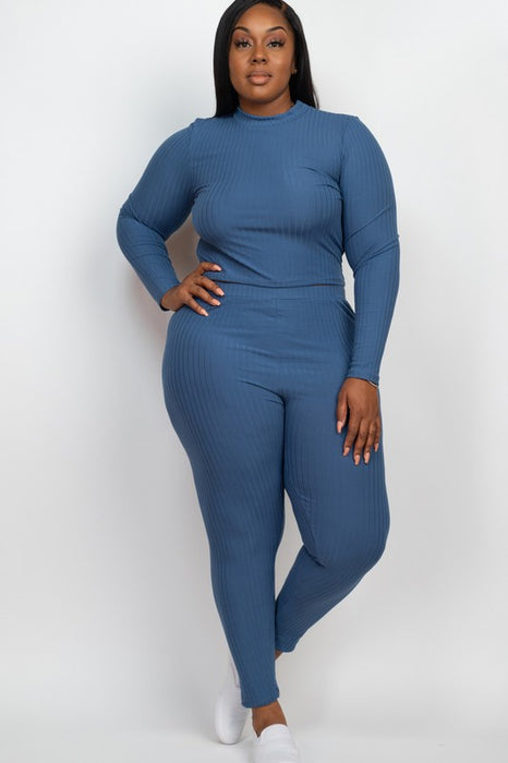 Plus Ribbed Mock Neck Long Sleeve Top&Leggings Set