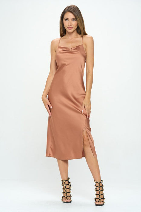 Stretch Silky Satin Bias Slip Dress with Slit