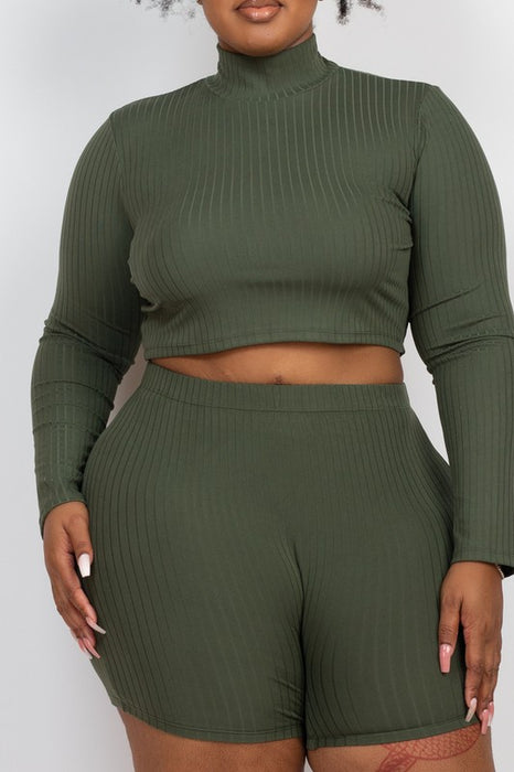 Plus Size Ribbed Mock Neck Crop Top & Shorts Set