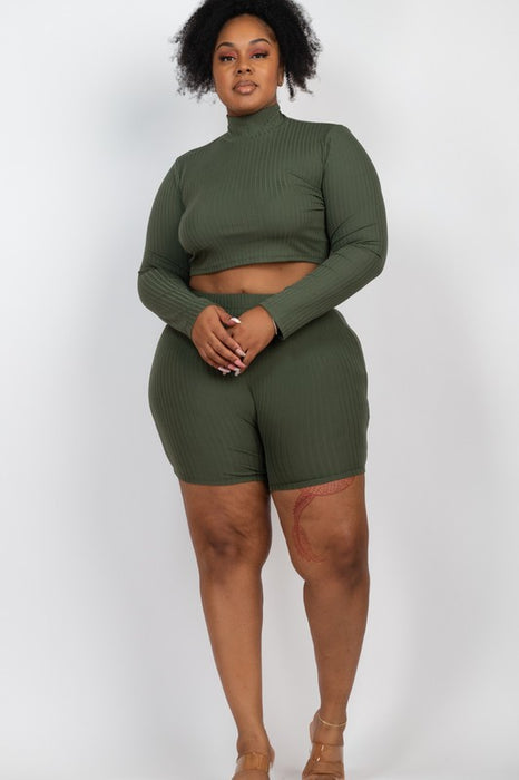 Plus Size Ribbed Mock Neck Crop Top & Shorts Set