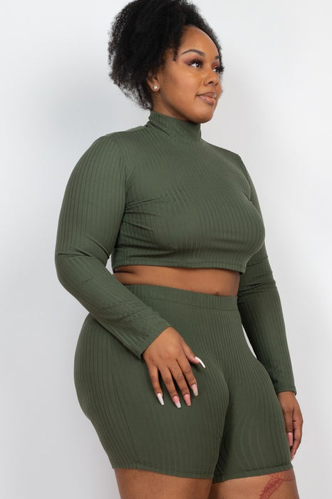 Plus Size Ribbed Mock Neck Crop Top & Shorts Set