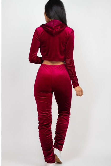 Velour Ruched Zip Up Jacket & Stacked Pants Set