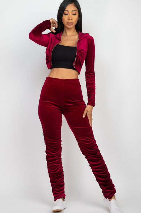 Velour Ruched Zip Up Jacket & Stacked Pants Set