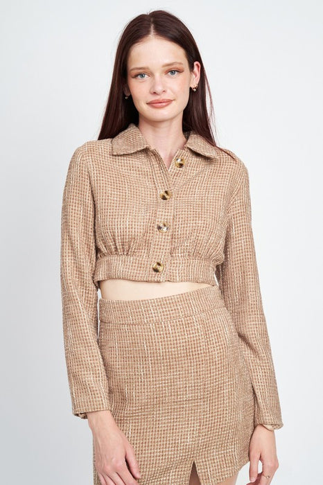 CROPPED TWEED JACKET WITH SHIRRING DETAIL