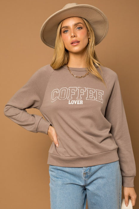 Long Sleeve Coffee Lover Graphic Print Top