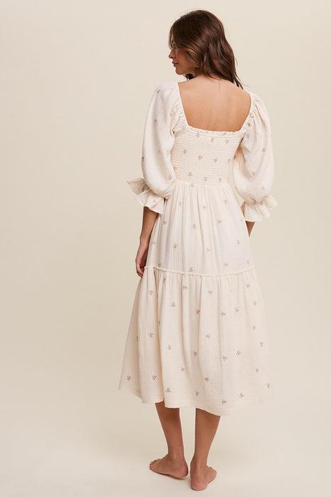 Ditzy Floral Embroidery Puff Sleeve Maxi Dress