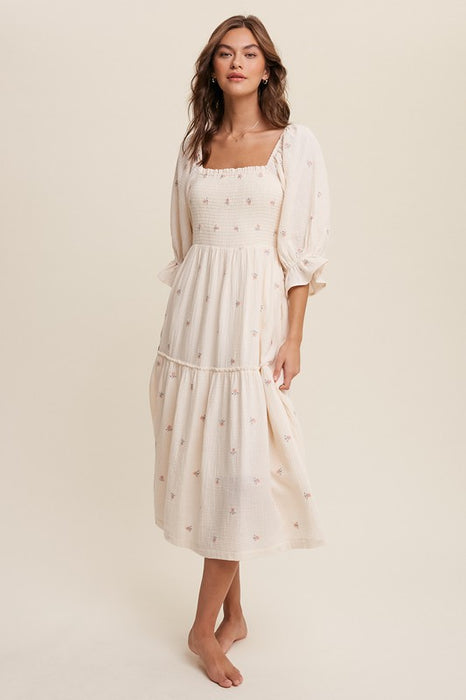 Ditzy Floral Embroidery Puff Sleeve Maxi Dress