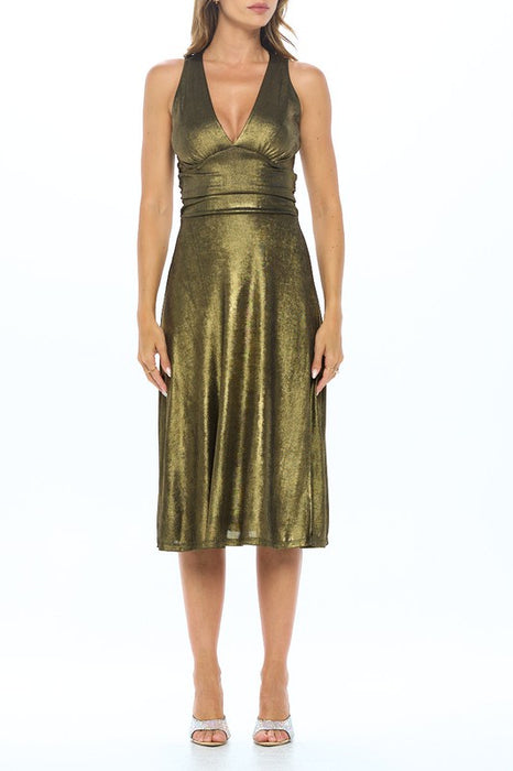 Metallic Solid Deep V Neck Lined Dress with Slit