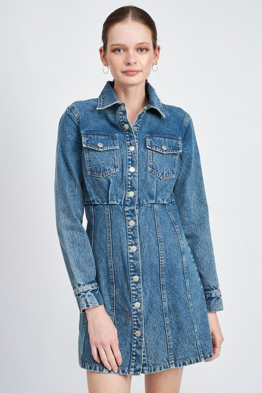 DENIM SHIRT DRESS WTIH CINCHED WAIST — E2G World