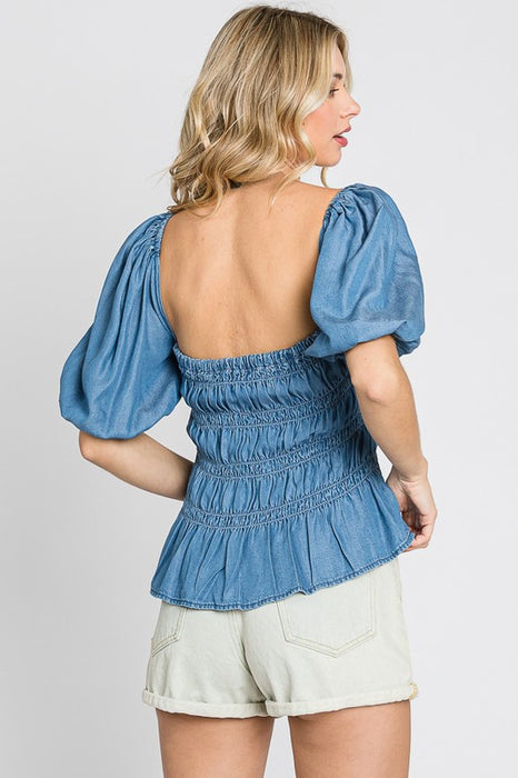 Denim Smocked Peplum Top