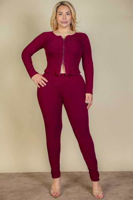 Plus Ribbed Zip Front Long Sleeve Top&Leggings Set