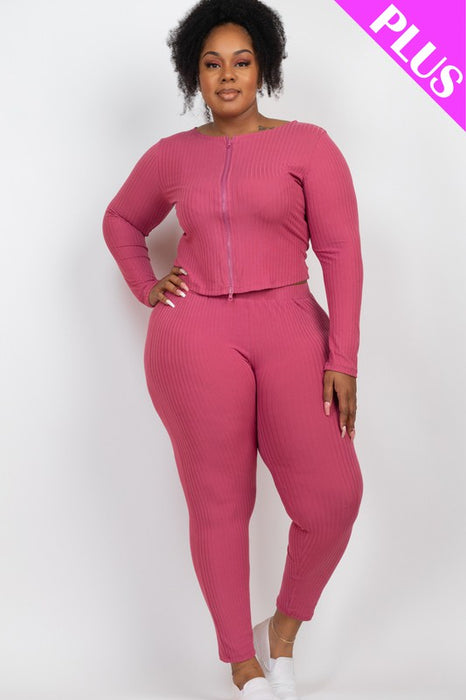 Plus Ribbed Zip Front Long Sleeve Top&Leggings Set