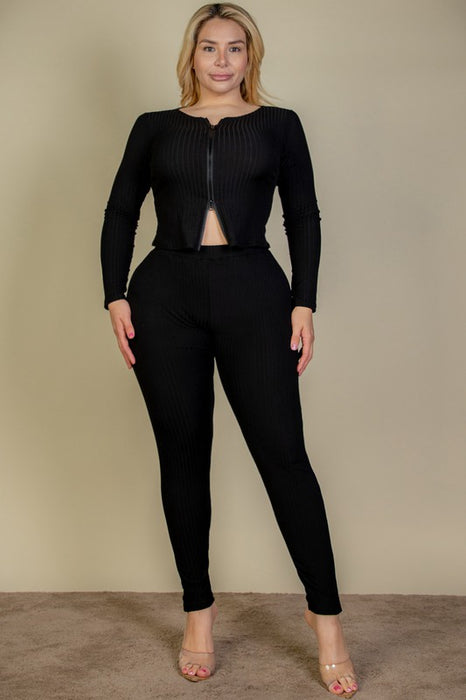 Plus Ribbed Zip Front Long Sleeve Top&Leggings Set