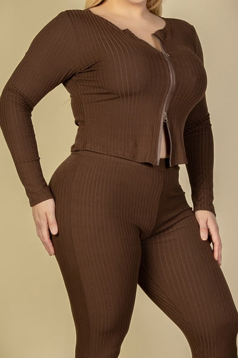 Plus Ribbed Zip Front Long Sleeve Top&Leggings Set