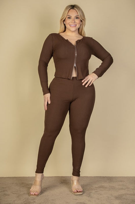 Plus Ribbed Zip Front Long Sleeve Top&Leggings Set