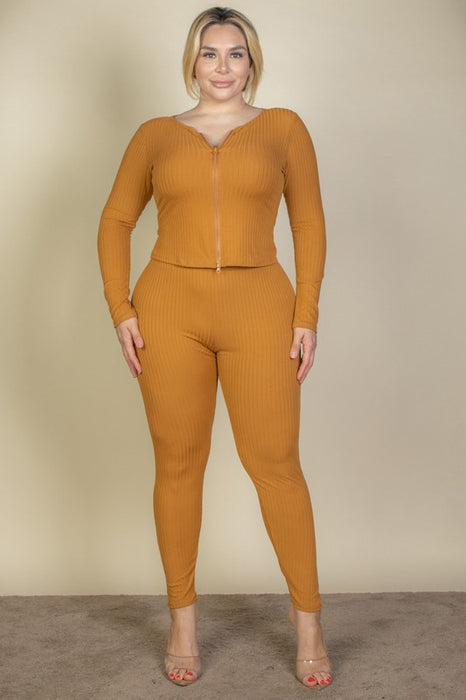 Plus Ribbed Zip Front Long Sleeve Top&Leggings Set