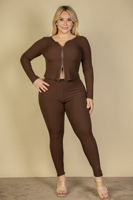 Plus Ribbed Zip Front Long Sleeve Top&Leggings Set