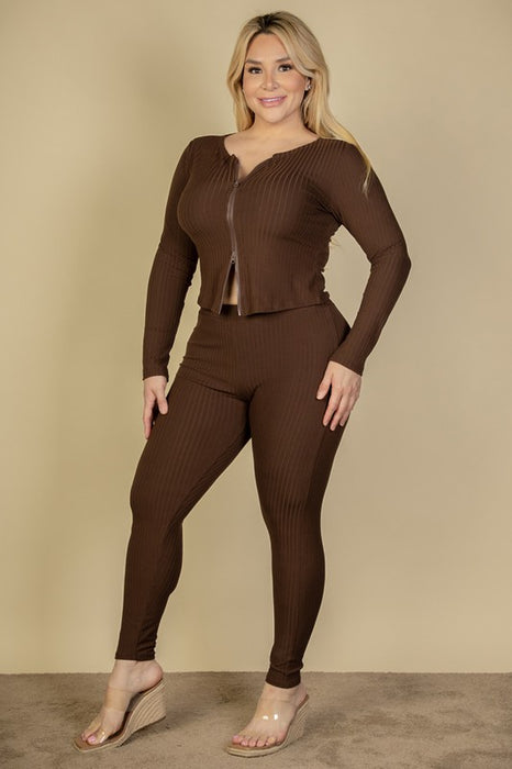 Plus Ribbed Zip Front Long Sleeve Top&Leggings Set