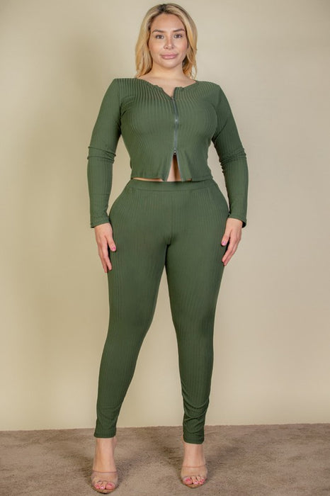 Plus Ribbed Zip Front Long Sleeve Top&Leggings Set