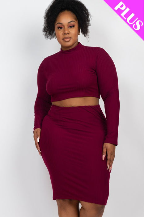 Plus Ribbed Mock Neck Crop Top & Midi Skirt Set