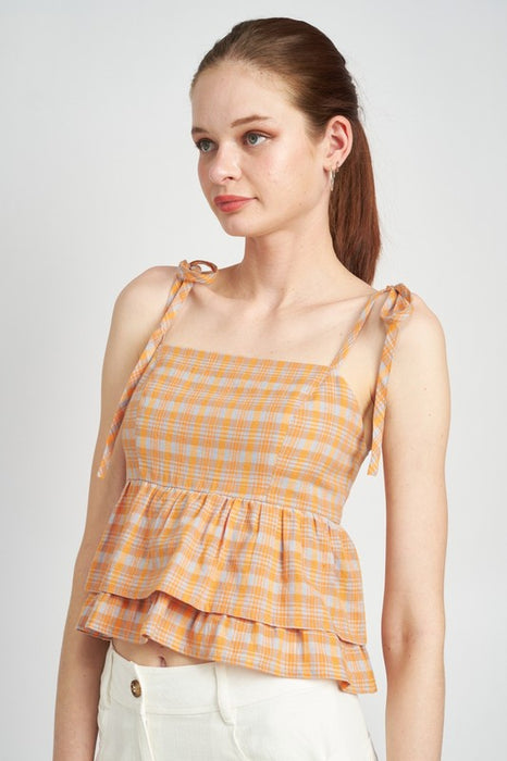 PLAID SHOULDER TIED BABYDOLL TOP