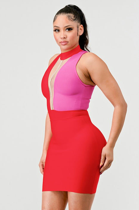 TWO TONE CONTRAST MINI BANDAGE DRESS