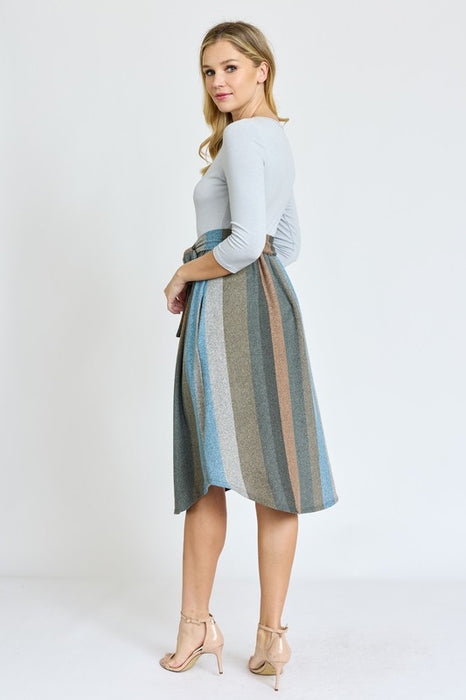 Quarter Sleeve Stripe Sash Midi Dress