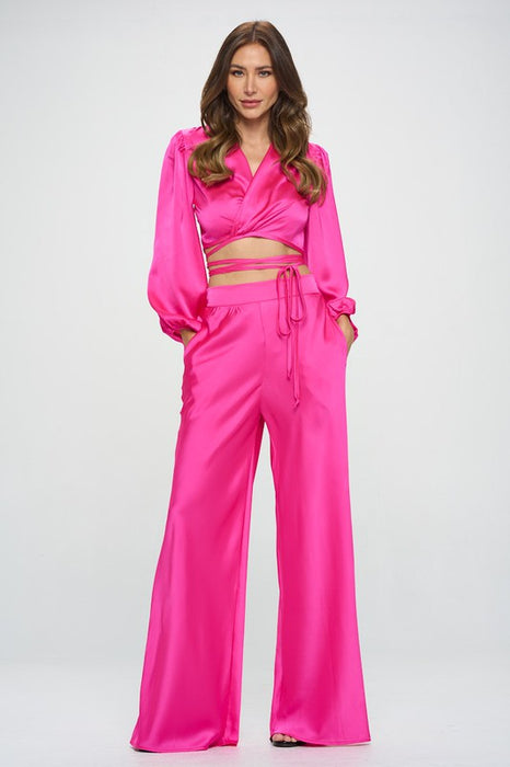 Stretch Satin Pants w/ Elastic Waist and Pockets