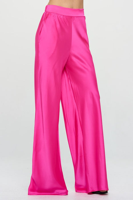 Stretch Satin Pants w/ Elastic Waist and Pockets