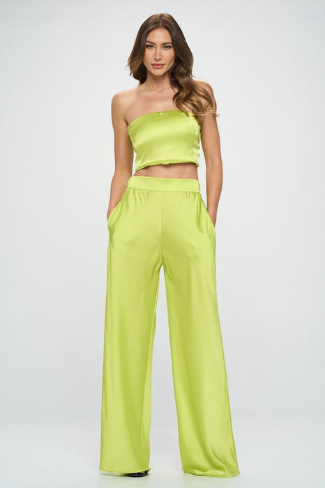 Stretch Satin Pants w/ Elastic Waist and Pockets