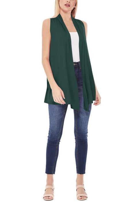 Solid, long body open front vest in a loose fit