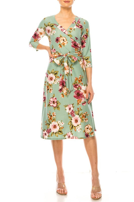 Floral print, faux wrap dress with deep V-neck