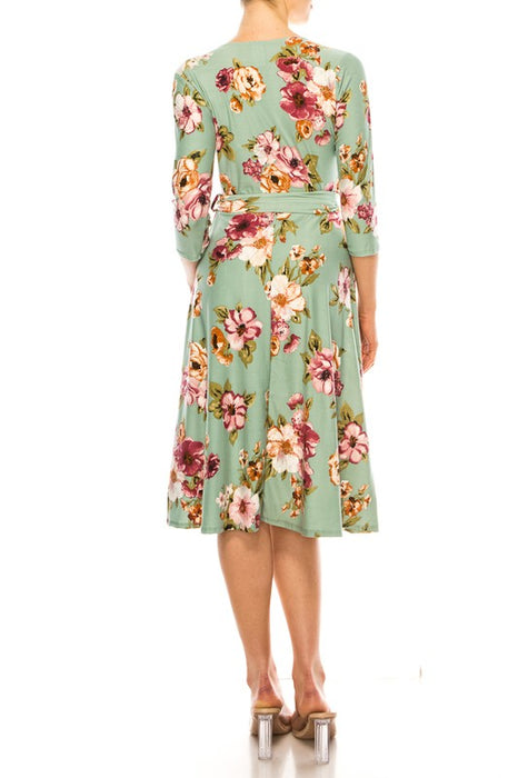 Floral print, faux wrap dress with deep V-neck