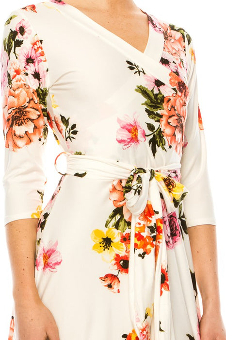 Floral print, faux wrap dress with deep V-neck