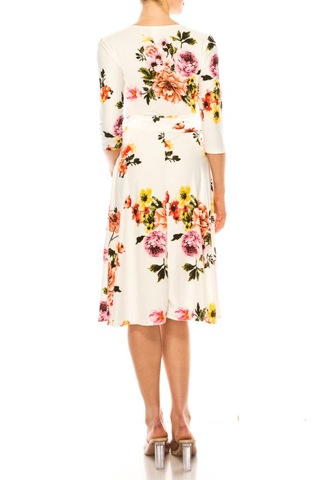 Floral print, faux wrap dress with deep V-neck