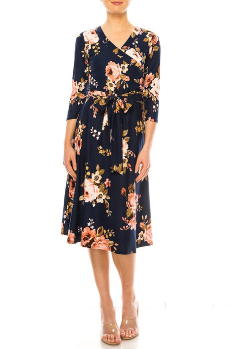 Floral print, faux wrap dress with deep V-neck