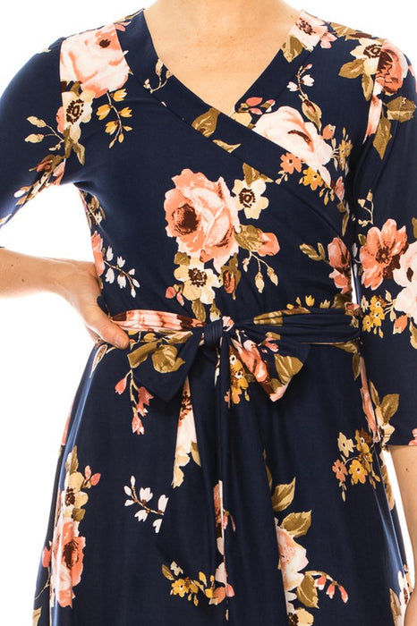 Floral print, faux wrap dress with deep V-neck