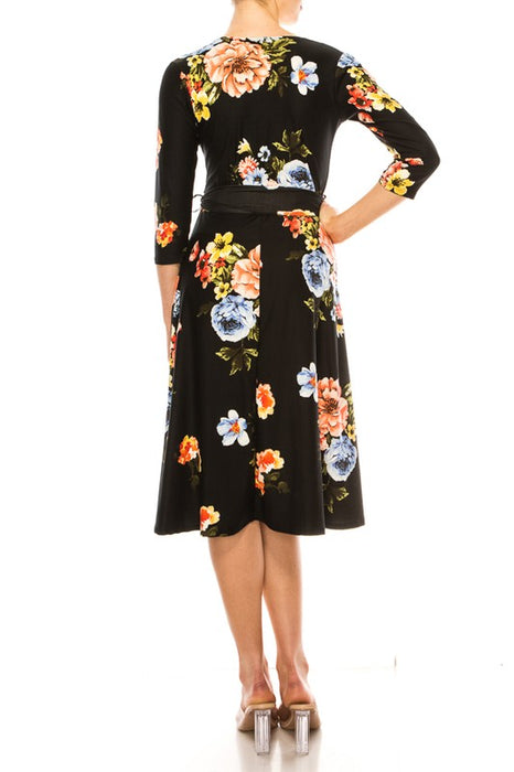 Floral print, faux wrap dress with deep V-neck