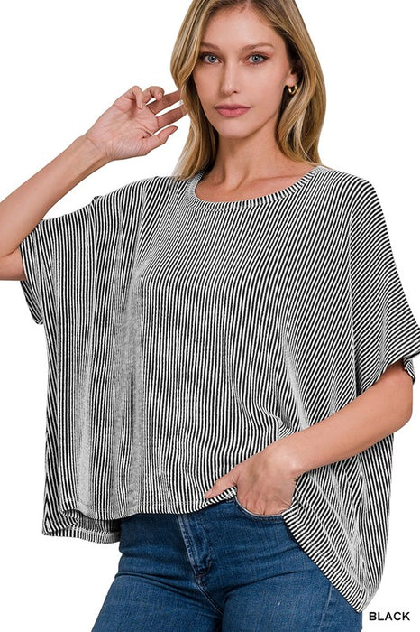 Ribbed Striped Oversized Short Sleeve Top