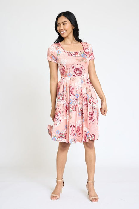 Medallion Short Sleeve Pleated Midi Dress