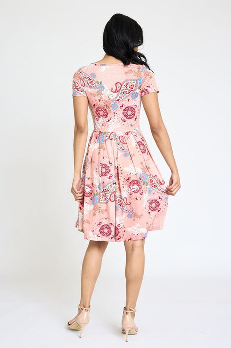 Medallion Short Sleeve Pleated Midi Dress