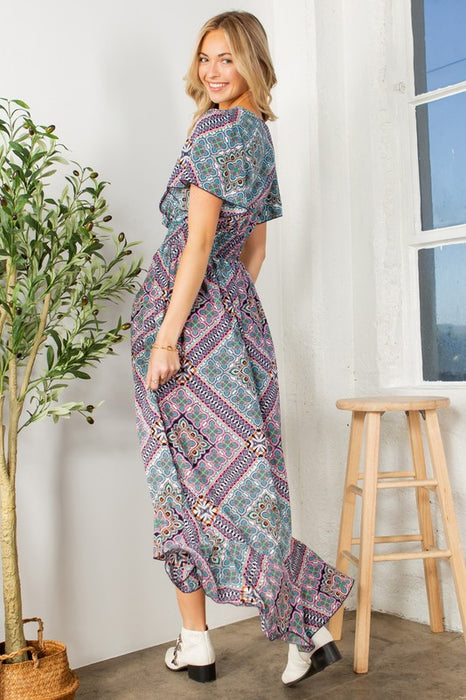 Tribal Maxi Wrap Dress with Waist Smoking