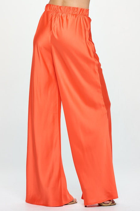 Stretch Satin Pants w/ Elastic Waist and Pockets