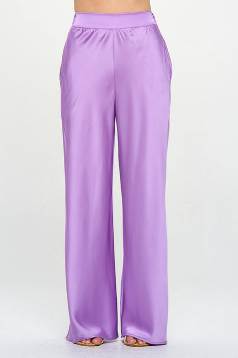 Stretch Satin Pants w/ Elastic Waist and Pockets