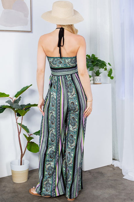 Cut Out Wide Leg Halter Jumpsuit with Pockets