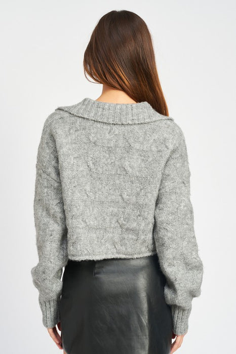 COLLARED CABLEKNIT BOXY SWEATER