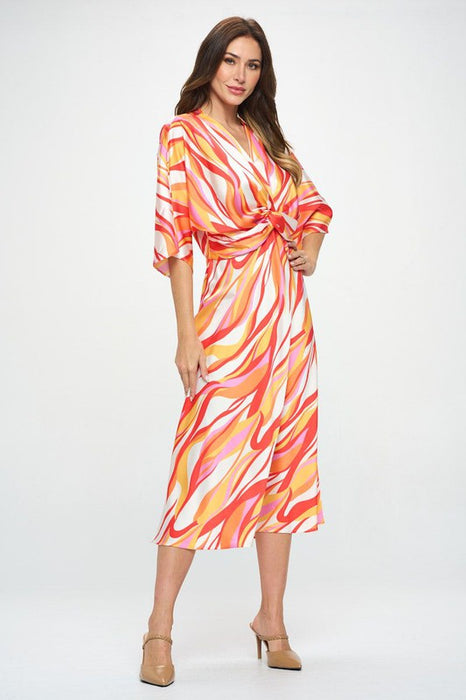 Front Twist Multi Color Print Satin Dress