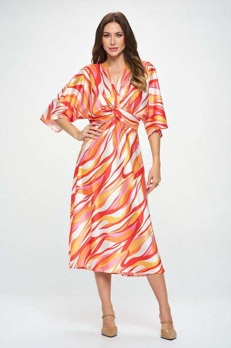 Front Twist Multi Color Print Satin Dress