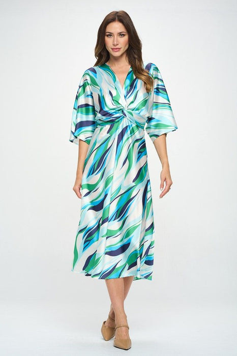 Front Twist Multi Color Print Satin Dress