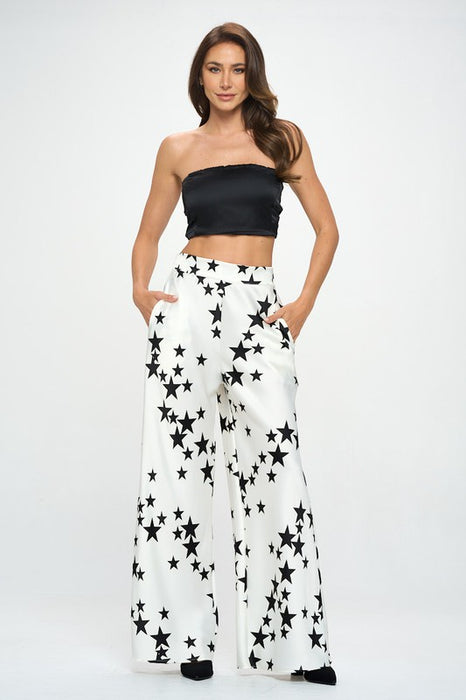 Silky Satin Star Print Pants with Side Pocket